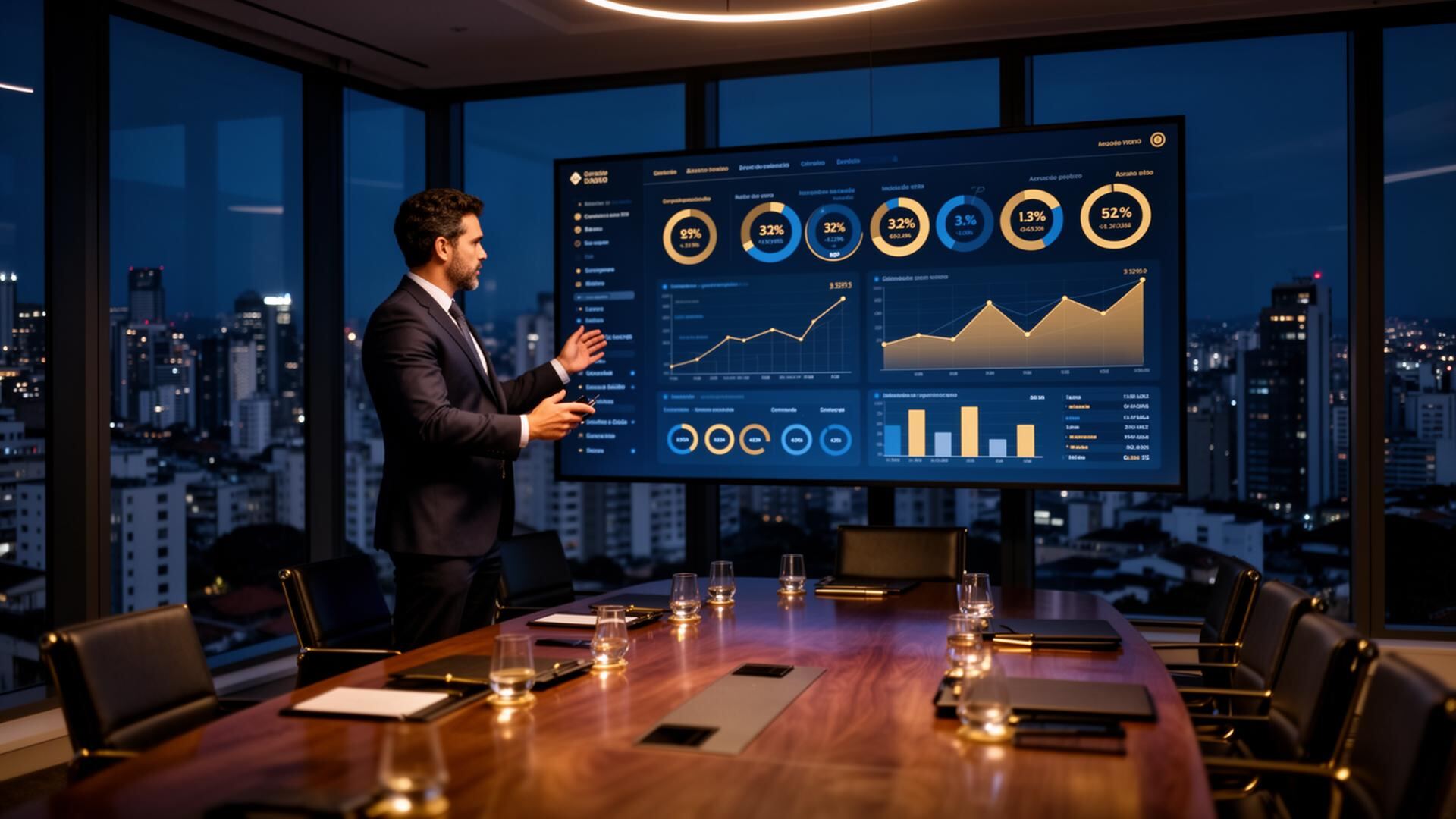 Executivo analisando painel estratégico com indicadores empresariais